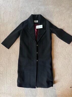 MARCELLA Black Long Wool-Blend Trench Coat with Burgundy Lining